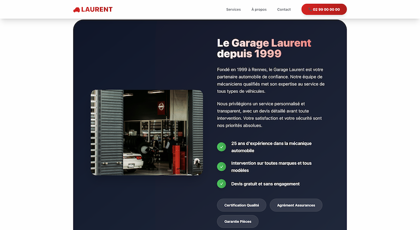 Section à propos du site garage