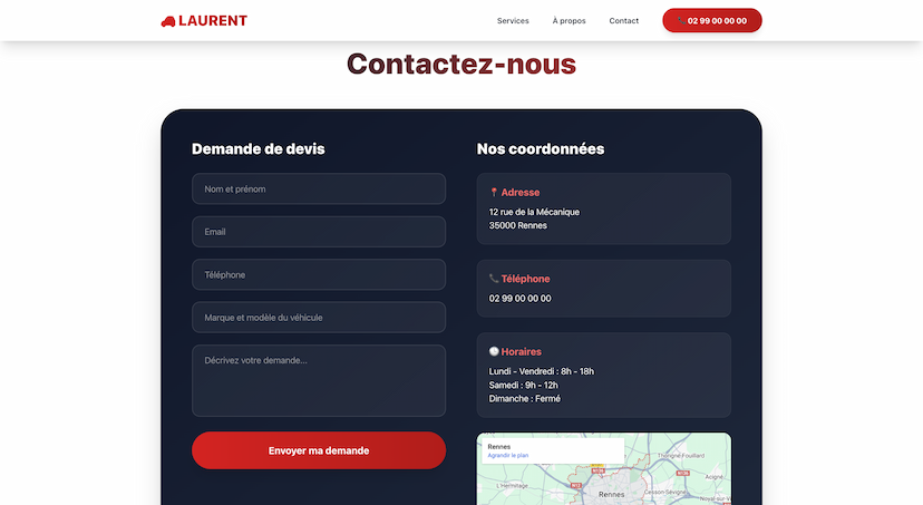 Section contact du site garage