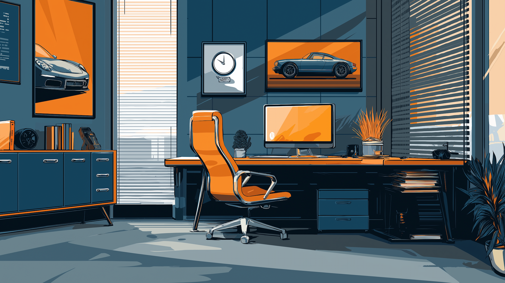 Illustration vectorielle d'un bureau automobile avec des outils et équipements de développement